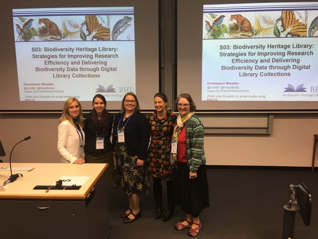 BHL representatives preparing to deliver talks as part of the BHL Symposium. Left to right: Grace Costantino, Carolyn Sheffield, Siobhan Leachman, Nicole Kearney, Constance Rinaldo.