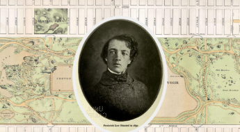 black and white photo of a young man overtop a map of Central Park