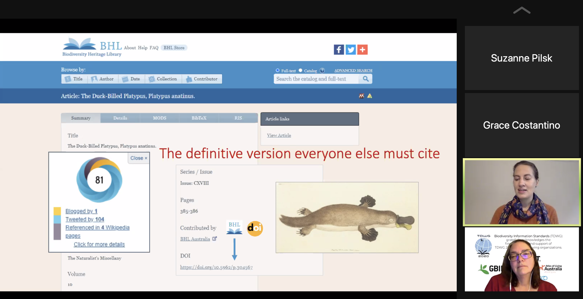 Screenshot of a Zoom call showing a slide with the BHL digital library interface on the landing page for the DOI of the platypus.