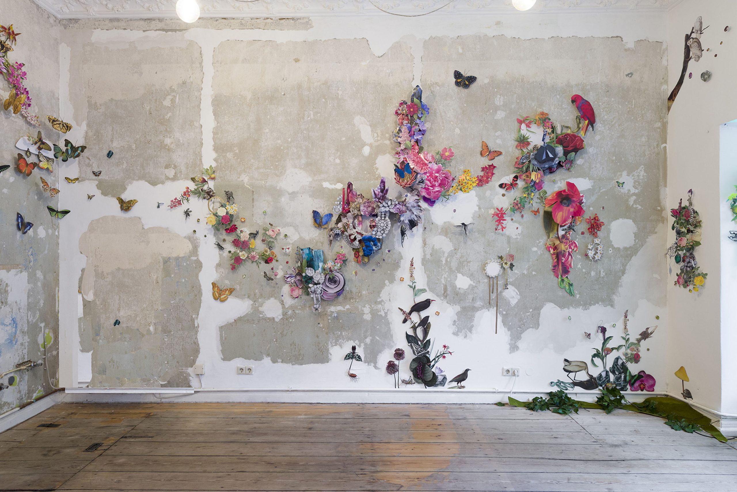 collage installation art featuring various biodiversity figures