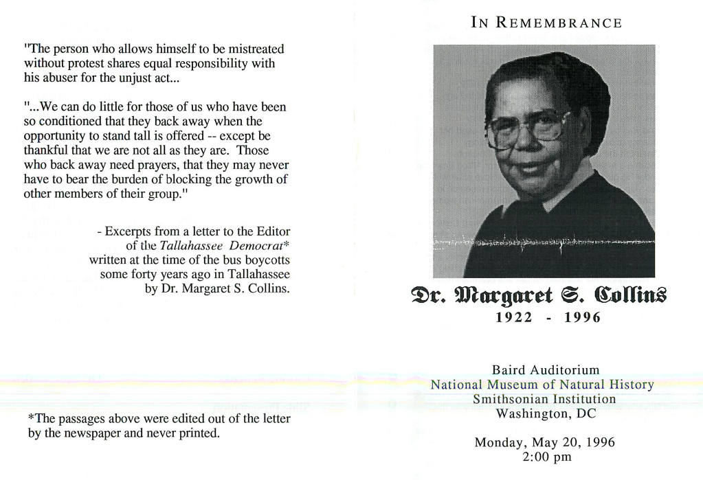 The first page of Margaret S. Collins’ memorial service pamphlet. 