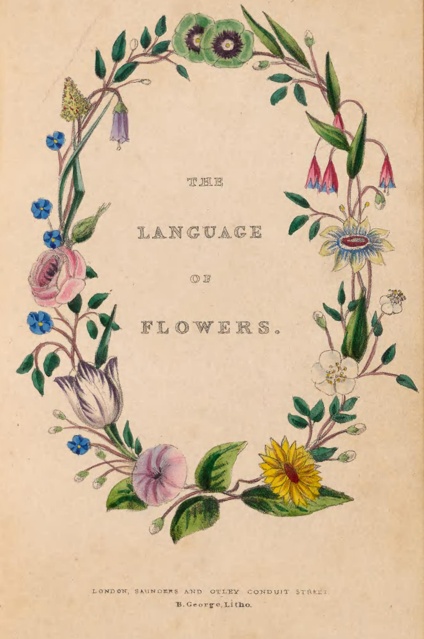 Book title page with title" The Language of Flowers" encircled in a wreath of flowers.