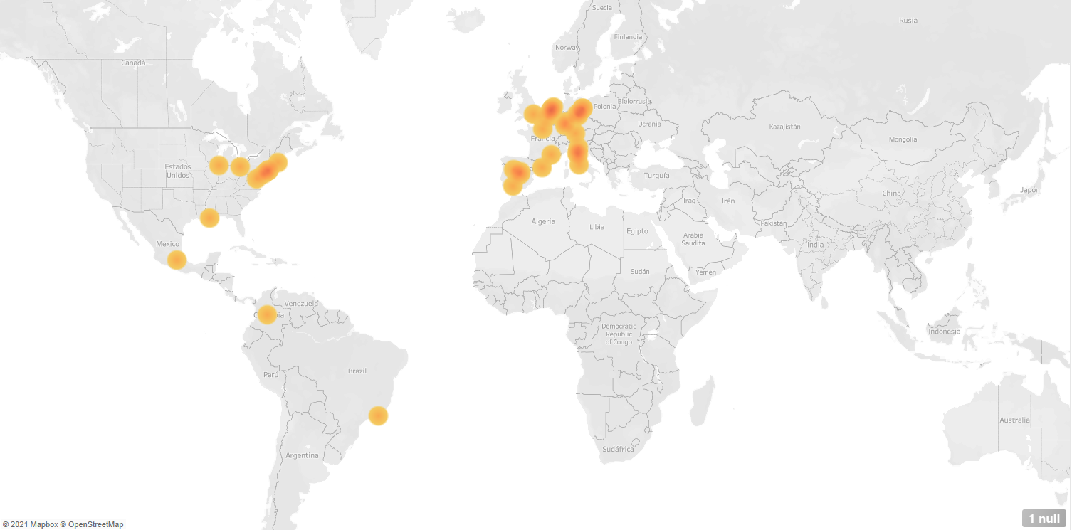 Global map showing places of publication in IP-G dataset
