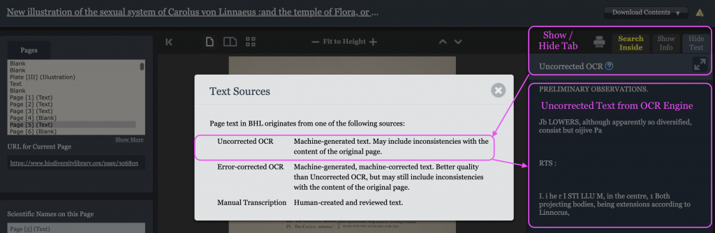 Screenshot of the BHL bookviewer with sample text highlighting the new text source indicator with uncorrected OCR