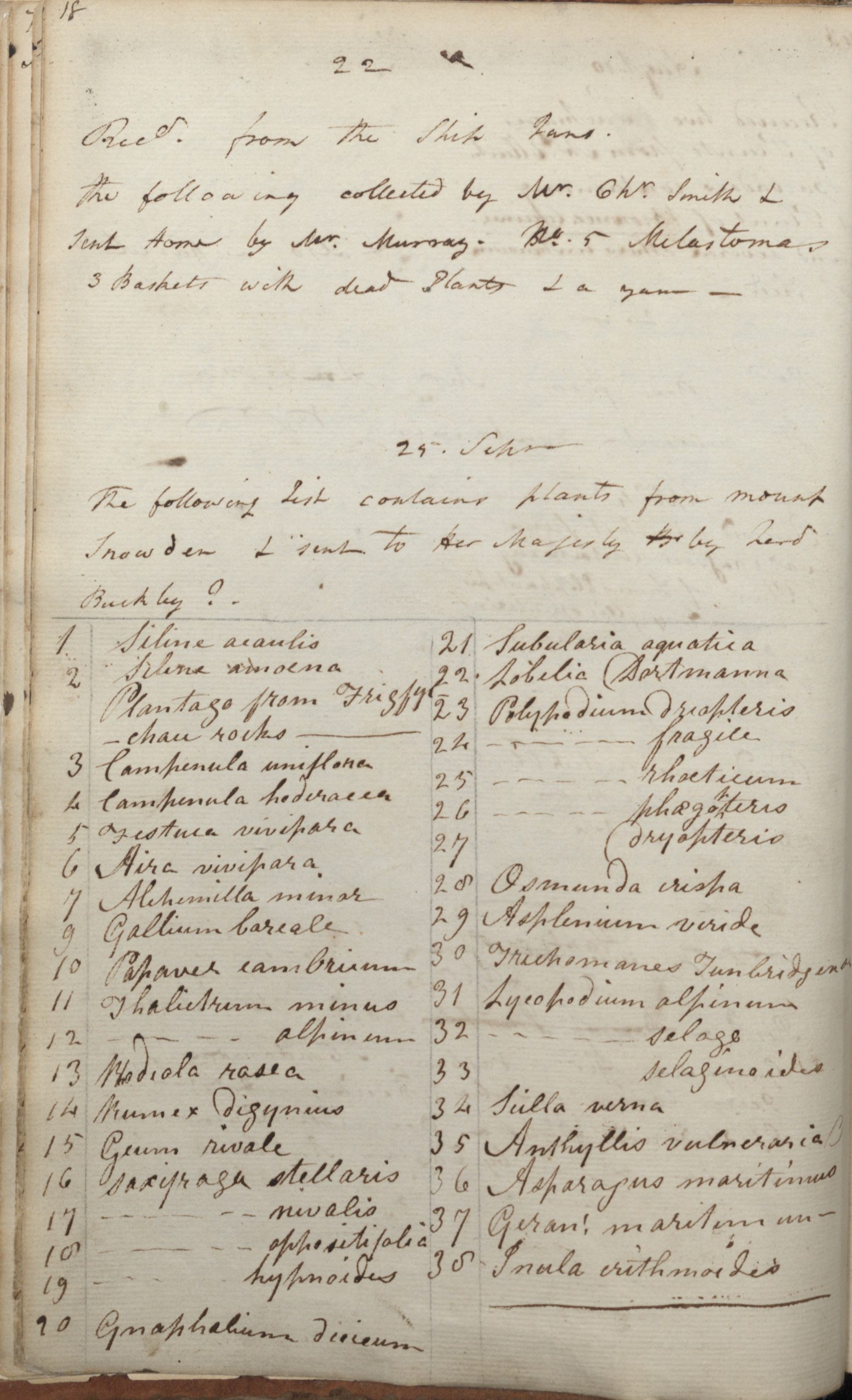 Page 18 of the Kew Record Book with handwritten list of plants
