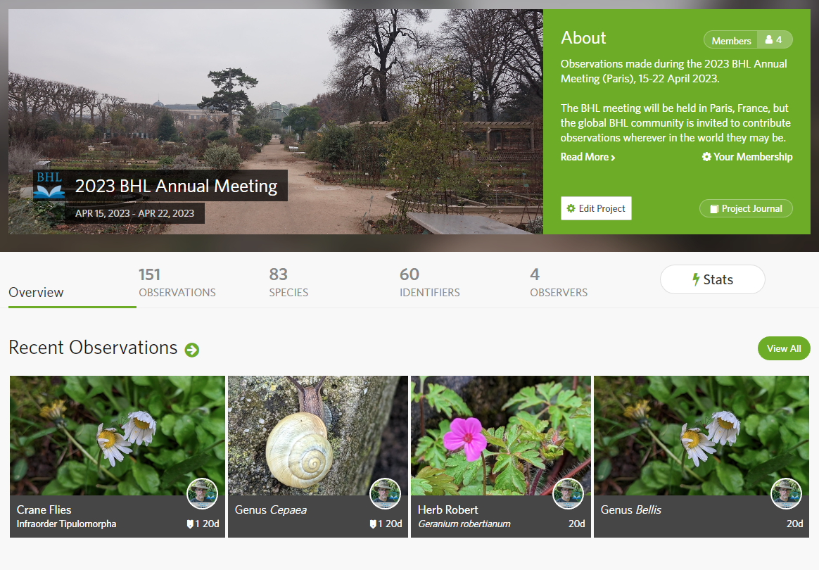 Screenshot of the iNaturalist bioblitz project showing total observations, species, identifiers, observers, and recent observations with photos and scientific names