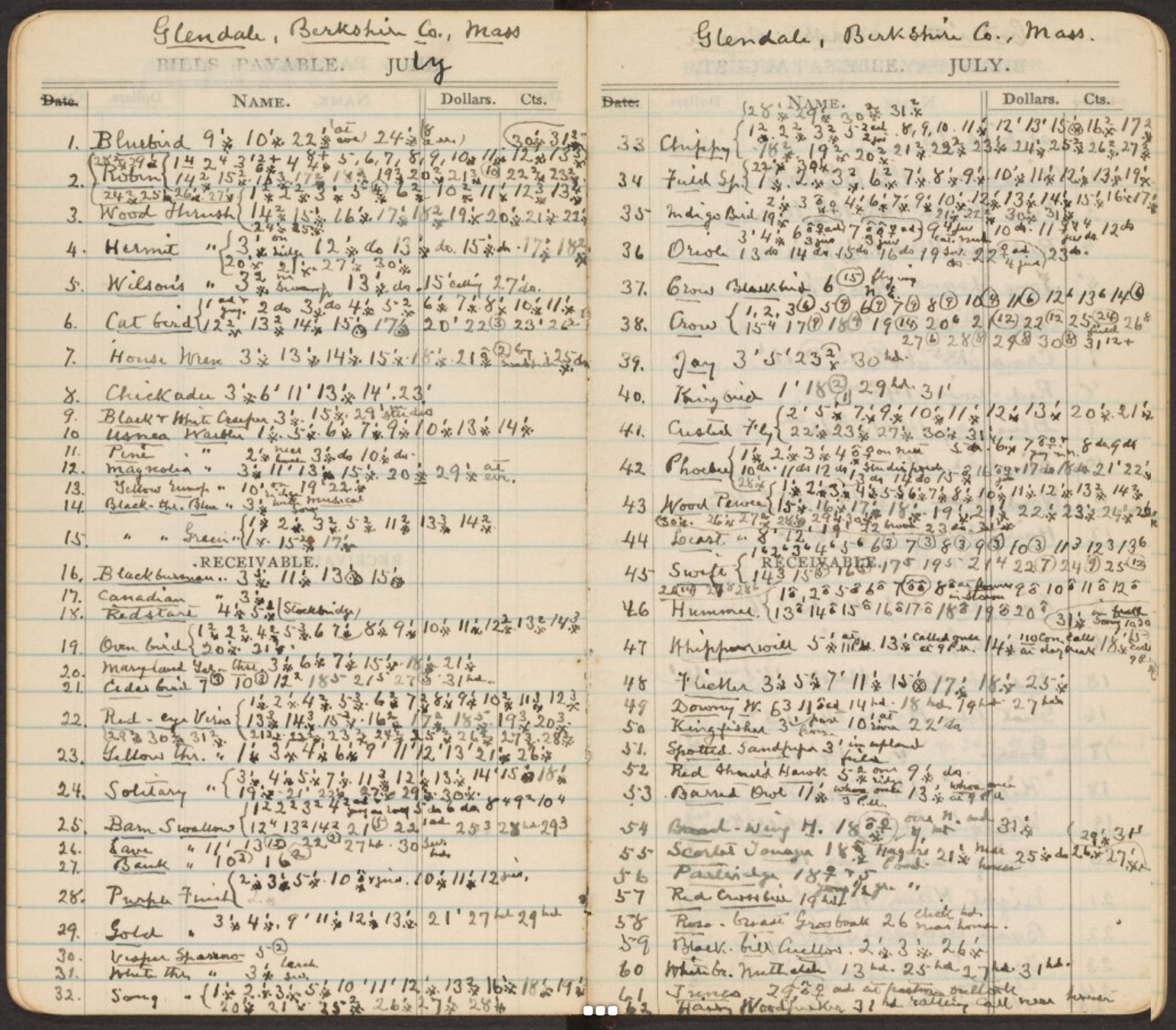 Handwritten list of species observed by William Brewster