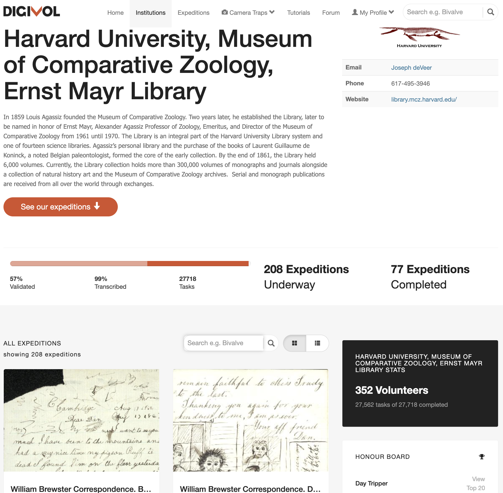 Screenshot of the Harvard University, Museum of Comparative Zoology, Ernst Mayr Library transcription portal on DigiVol platform, listing the number of expeditions and volunteers