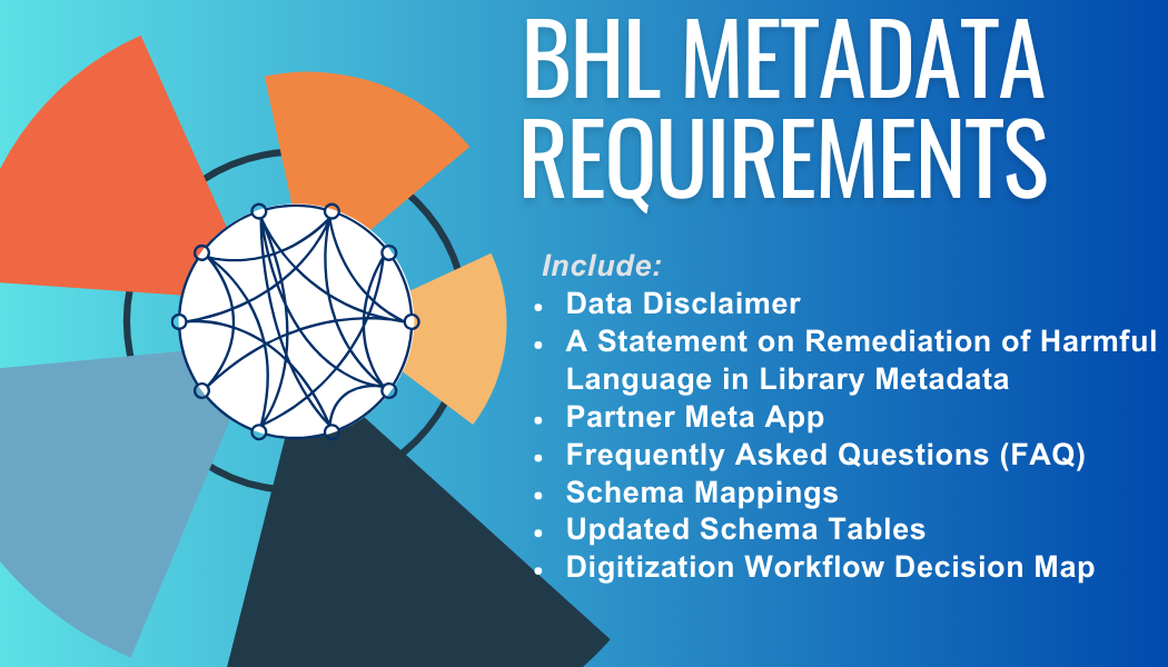 BHL Metadata requirements include data disclaimer, a statement on remediation of harmful language in library metadata, partner meta app, FAQ, schema mappings, updated schema tables, digitization workflow decision map