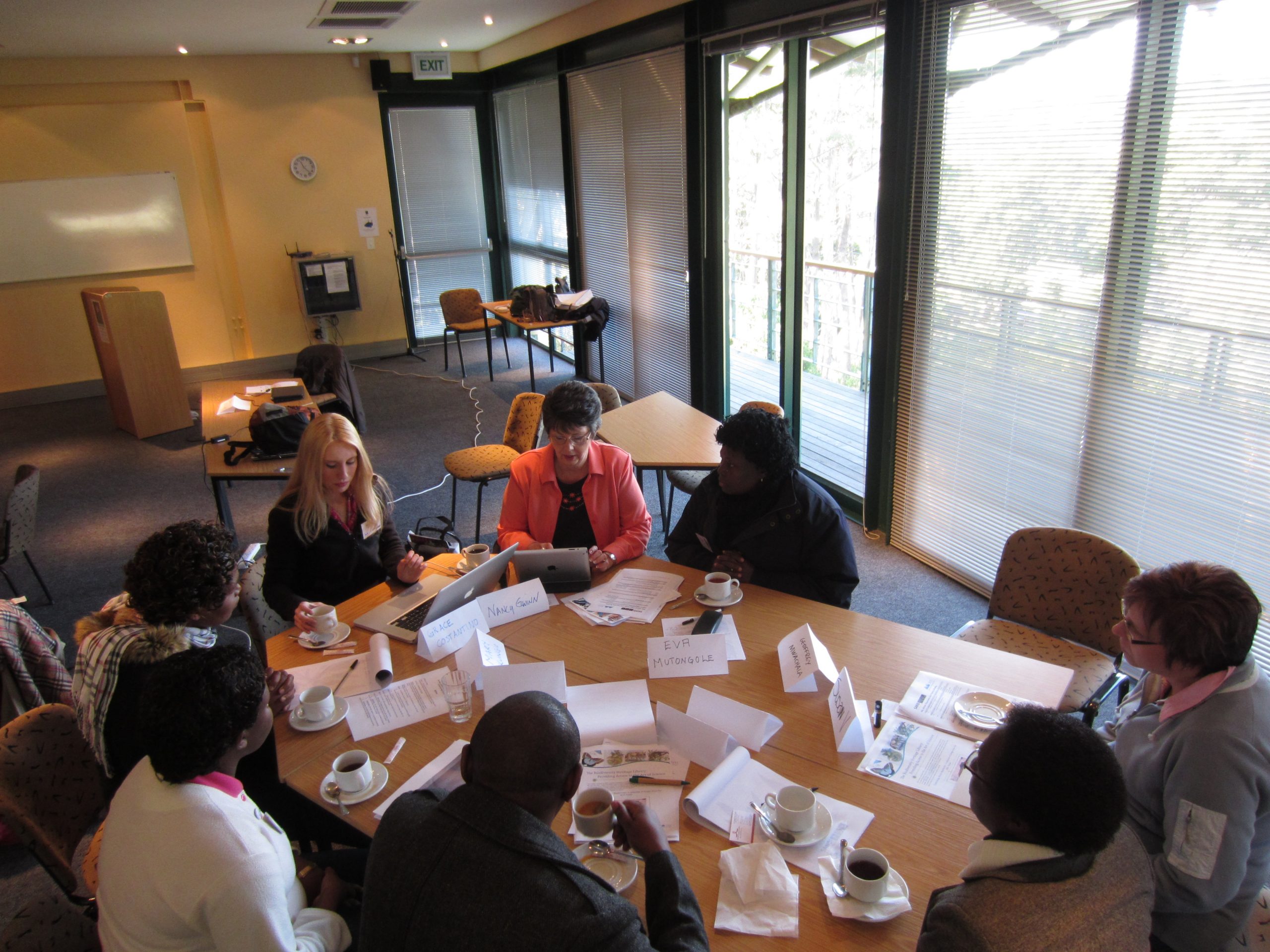 Nancy Gwinn and colleagues sit around a conference table with coffee and meeting notes