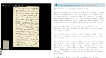 Screenshot of Smithsonian Transcription Center displaying handwritten journal next to transcribed text