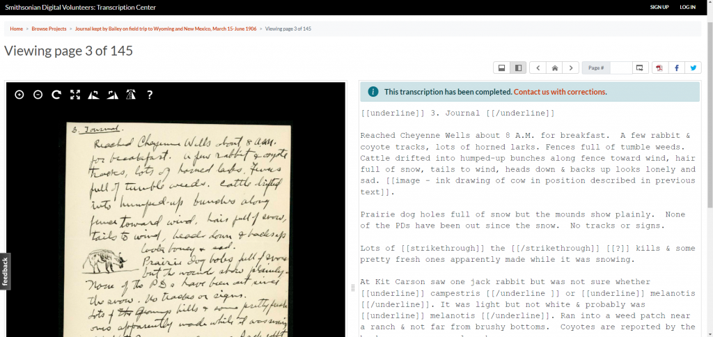 Screenshot of Smithsonian Transcription Center displaying handwritten journal next to transcribed text