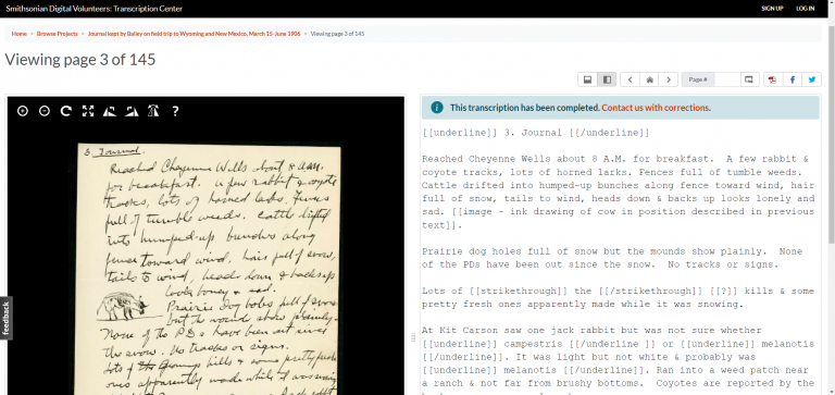Screenshot of a handwritten field note compared to the manually transcribed notes in the Smithsonian Transcription Center portal
