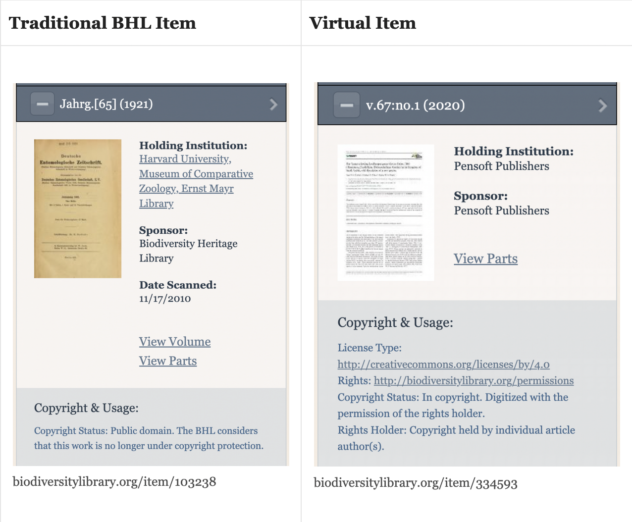 Comparison of a traditional digitized volume uploaded to BHL versus a modern born-digital virtual item uploaded to BHL