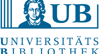 drawing and text in blue of logo for Universitätsbibliothek Johann Christian Senckenberg