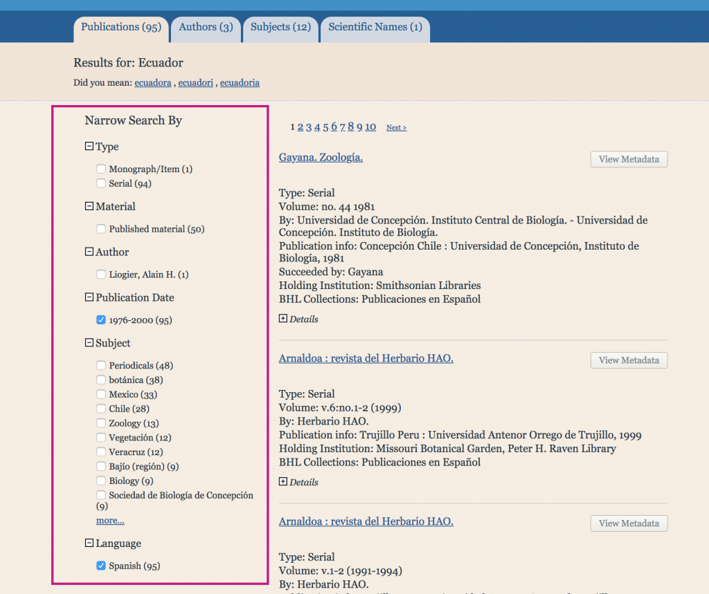 digital library interface showing faceted searching options