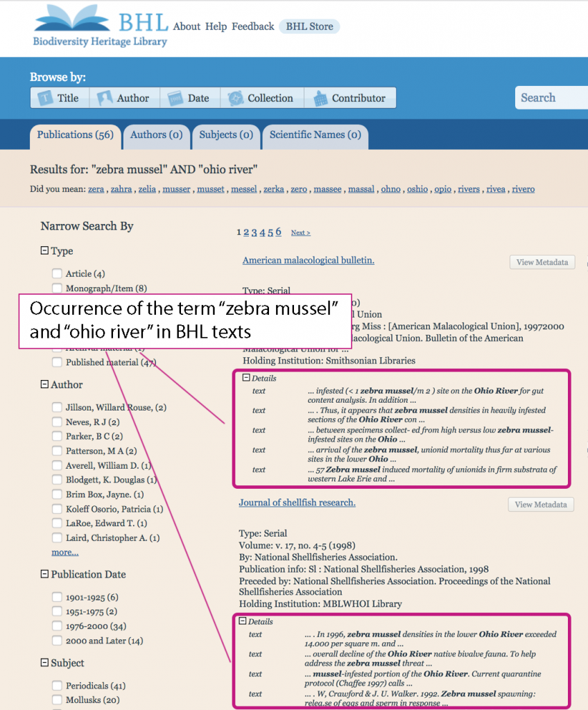 digital library website results for a search for "zebra mussel" and "ohio river"