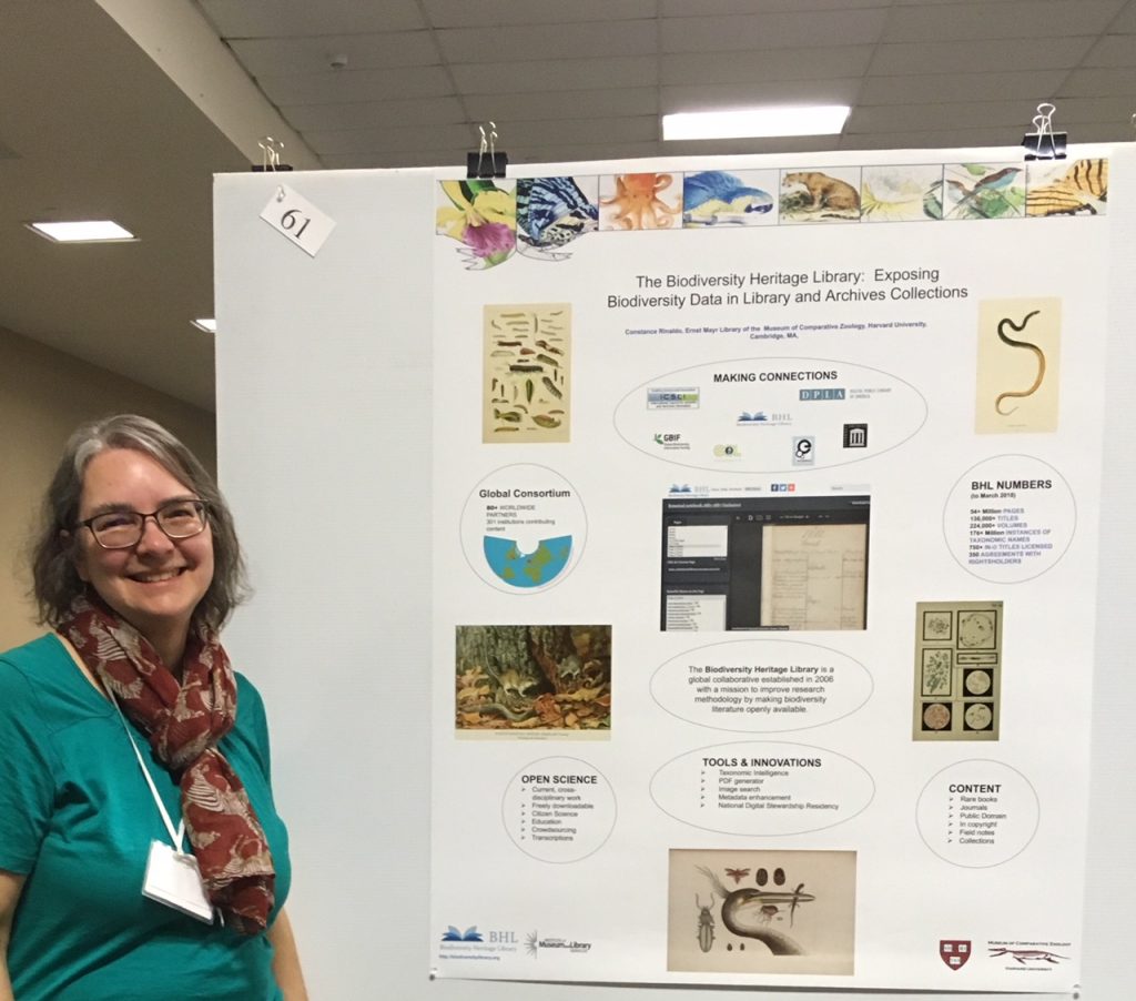 woman in green shirt standing in front of a poster.