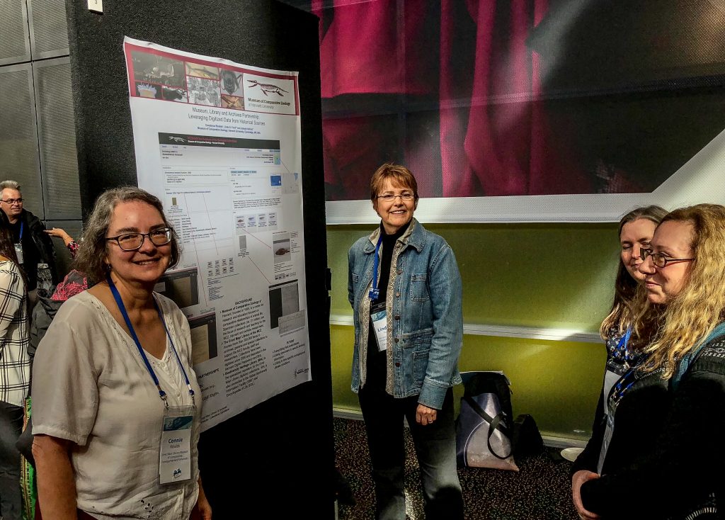 Constance Rinaldo (left) with Linda S. Ford (right) presenting their poster: “Museum, Library and Archives Partnership: Leveraging Digitized Data from Historical Sources”.