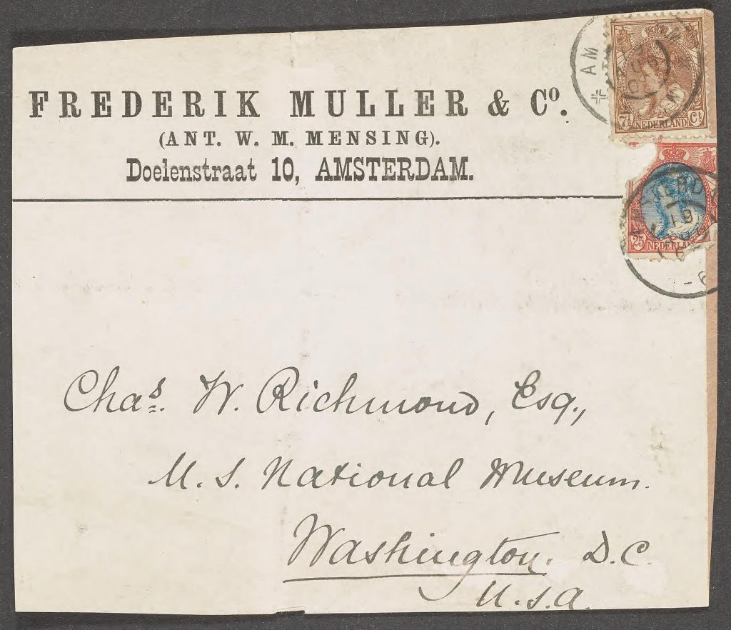 Book dealer’s mailing label to Richmond from Frederik Muller & Co. of Amsterdam in the Smithsonian Libraries’ copy of Vroeg’s Catalogue.