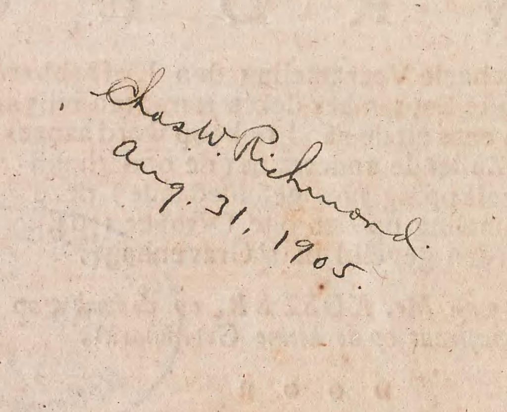 Richmond’s signature on the verso of the title page of the Smithsonian Libraries’ copy of Vroeg’s Catalogue.