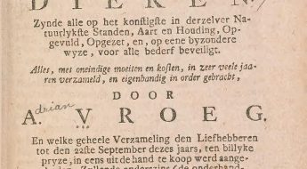 Title page Beredeneerde catalogus van eene, by uitstek fraaye en weergaalooze verzameling, zoo van inlandsche als uitheemsche vogelen, viervoetige en gekorvene dieren.