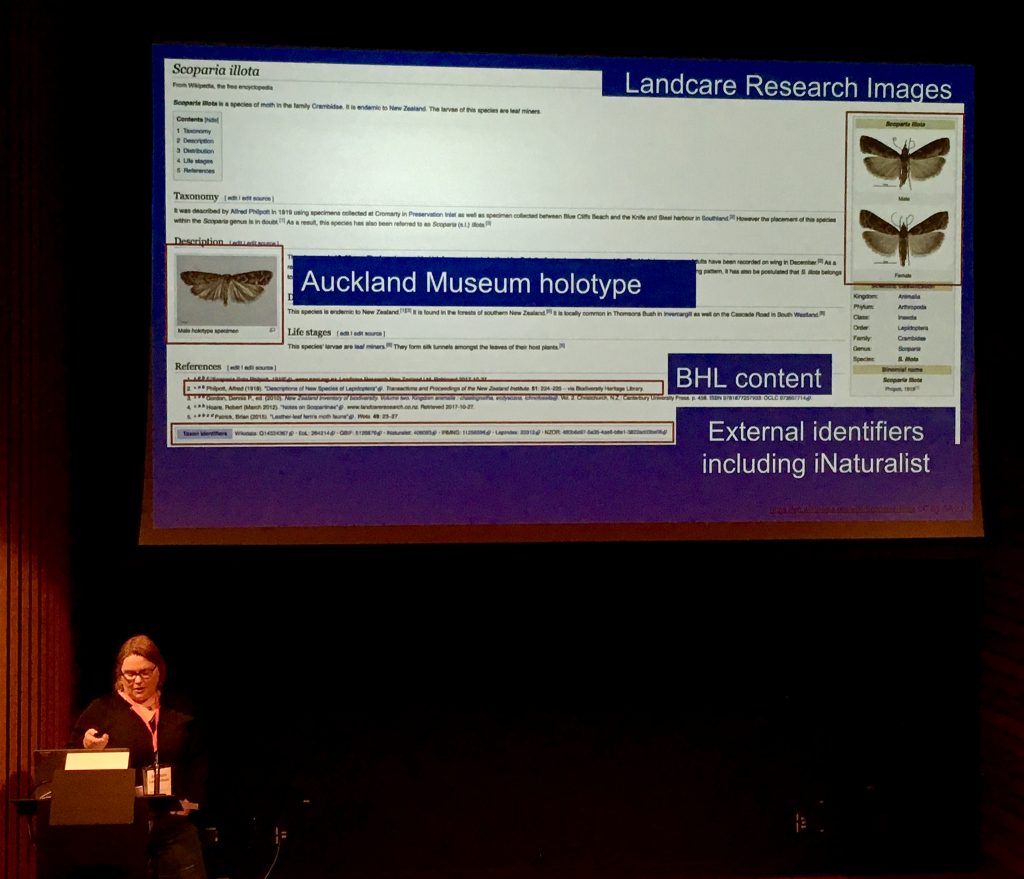 Siobhan Leachman presenting as part of WikiCite and the Biodiversity Heritage Library at WikiCite 2018.