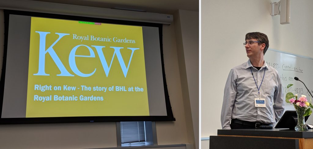 Man standing by a slide that reads "Right on Kew: The Story of BHL at the Royal Botanic Gardens"