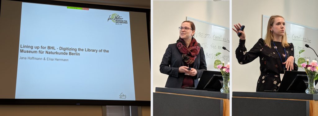 Two women standing next to a slide that reads Lining up for BHL: Digitizing the Library of the MfN Berlin"
