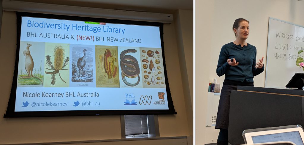 A woman standing next to a slide that reads "BHL Australia and the (NEW) BHL New Zealand"