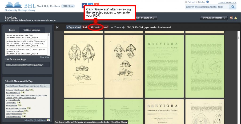 Screenshot of the book viewer in the Biodiversity Heritage Library with the "generate" button in the PDF selection process highlighted.