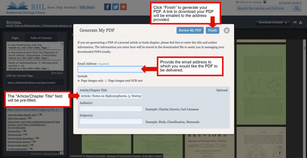 Screenshot of the "generate PDF" form in the Biodiversity Heritage Library book viewer.