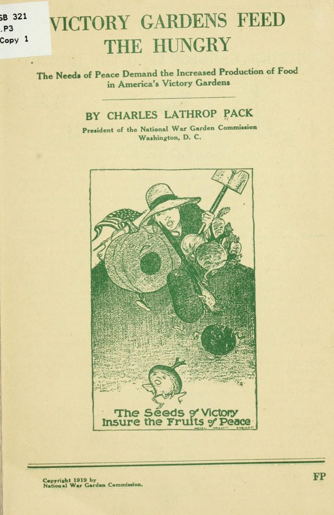 Illustrated cover of the manual "Victory Gardens Feed the Hungry".