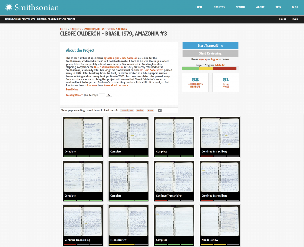 Screenshot of a project in the Smithsonian Transcription Center.