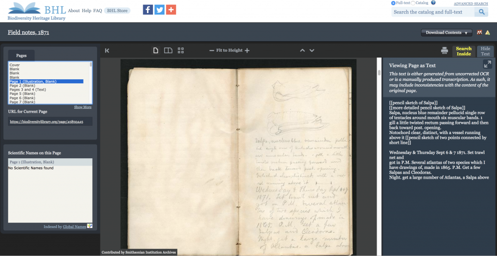 Screenshot of the BHL book viewer with a digitized field book and the transcribed text shown alongside the page in place of the OCR.