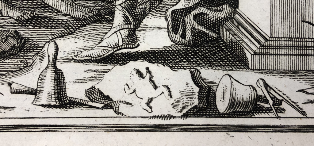 Detail of a fake fossil and excavation tools in a frontispiece illustration from a rare book.