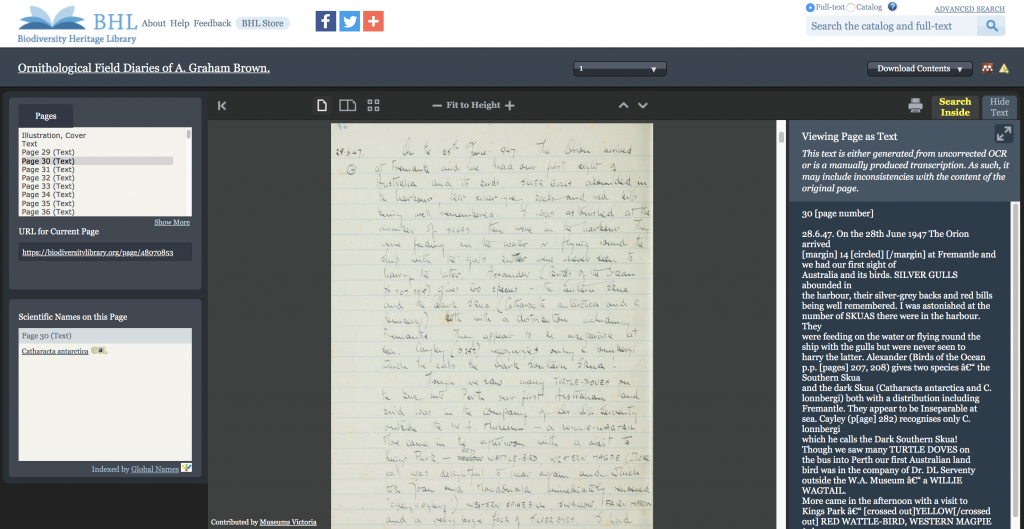 Screenshot of a book viewer with scientific name indexed on the page of an archival notebook.
