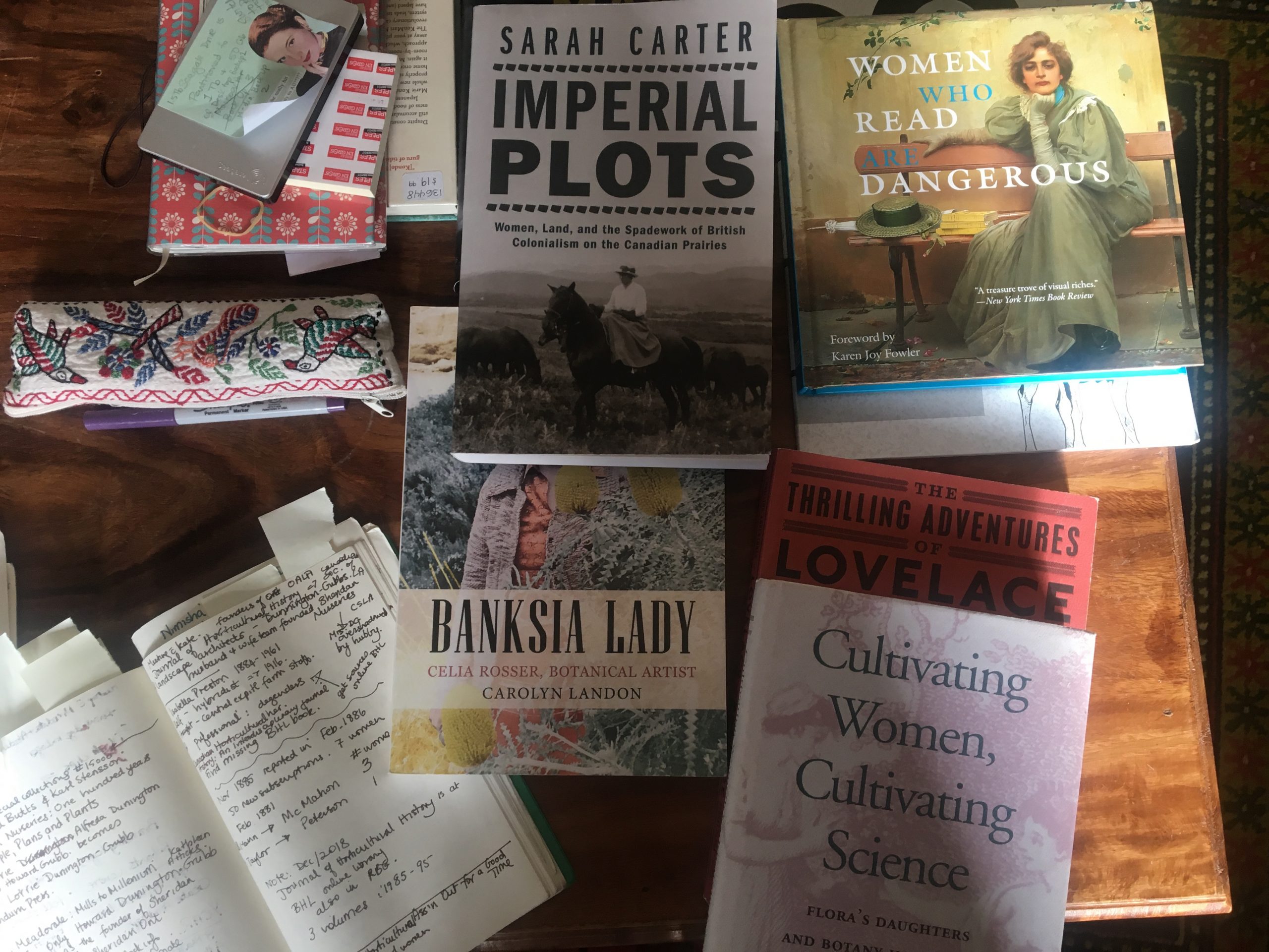 pile of books on a table