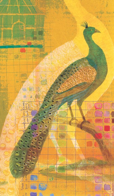orange and yellow painting with peacock in the background