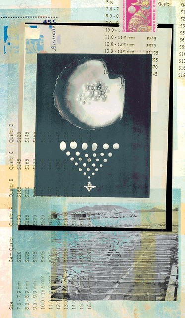 teal and cream artwork with shell and pearls in background