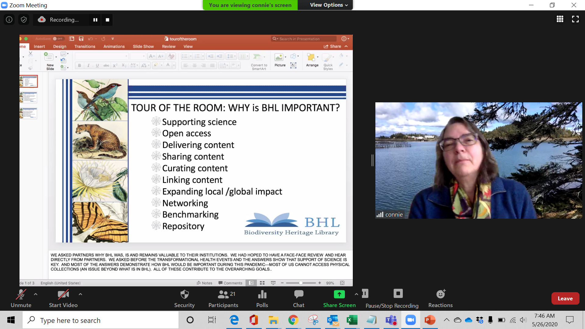 Screenshot from a video conference call showing a slide with "why BHL is important"