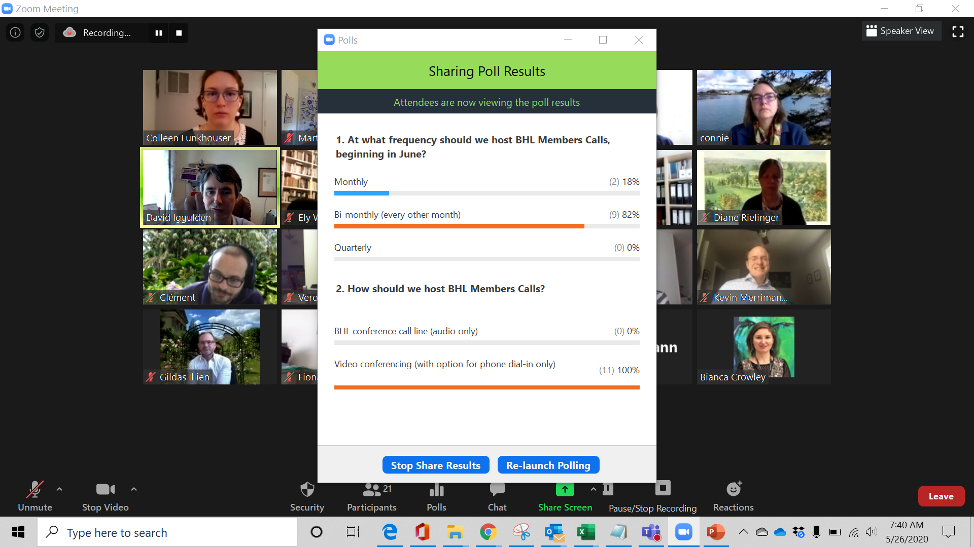 An on-screen poll for a video conferencing call with a grid of people's faces on video screens behind