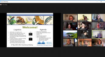 video conference screen showing a collage of people's faces and a welcome slide