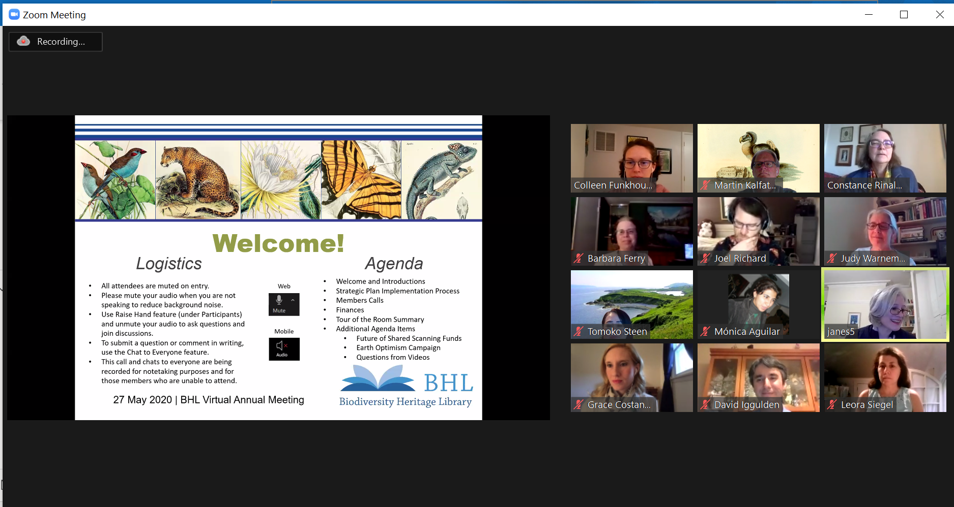 video conference screen showing a collage of people's faces and a welcome slide