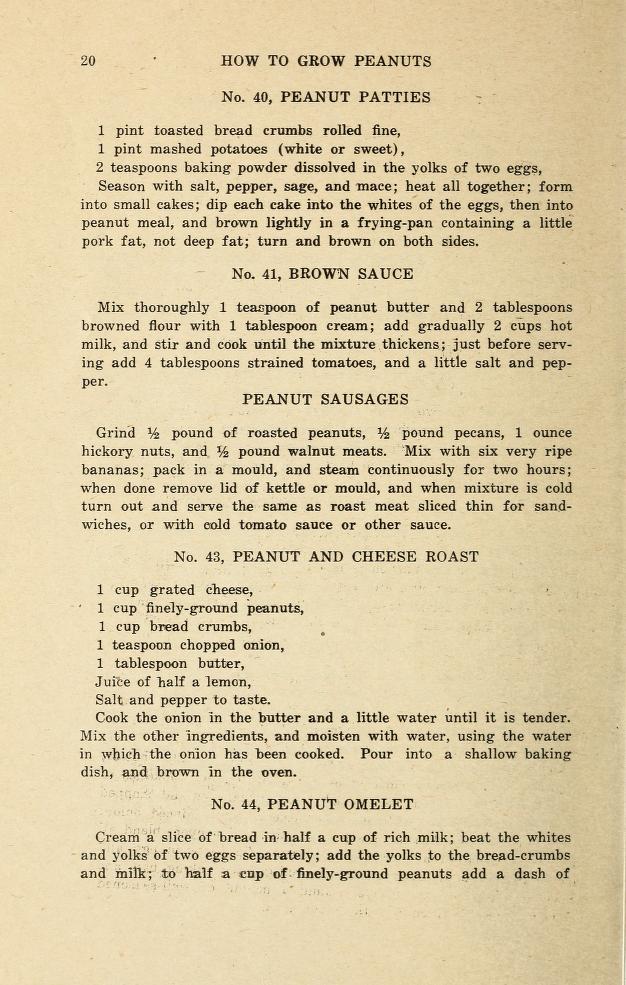 Recipes of meat alternatives using peanuts by George Washington Carver, Biodiversity Heritage Library, Public Domain.