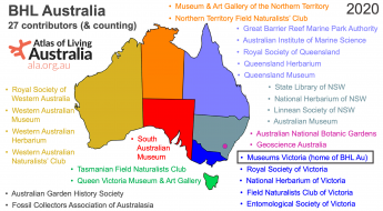 map of australia with BHL Australia contributors highlighted