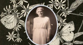 black and white portrait of a woman in a white dress atop a black and white illustration of flowers and butterflies