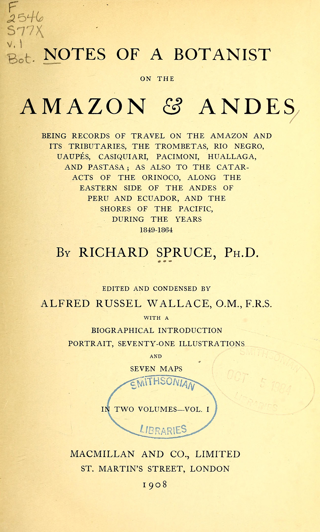 title page of "notes of a botanist on the amazon & andes"
