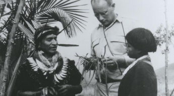 black and white photo of three people standing in a jungle looking at plant specimens