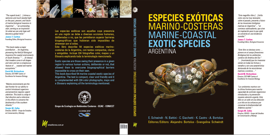 Screenshot of a cover of a book with the title "Especies Exóticas Marino-Costeras de Argentina". The cover is black with yellow and blue letters and there is a crab on the cover.